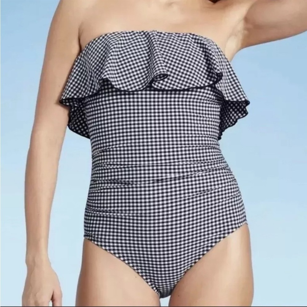 Kona Sol Blue & White Gingham Check One Piece Swimsuit with Ruffle & Rouching.